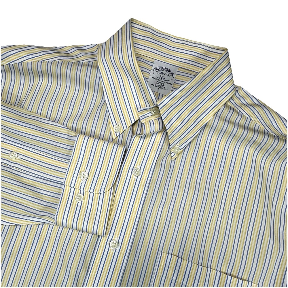 Brooks Brothers 346 Mens Slim Fit Non Iron Cotton Yellow Blue Striped Shirt 15.5